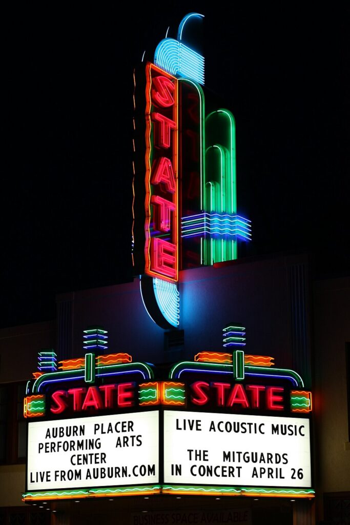 Business neon sign on a building