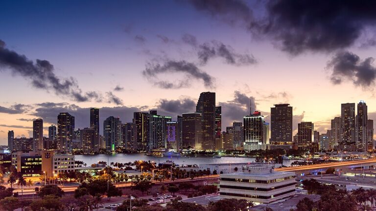 Miami Florida business skyline at sunset